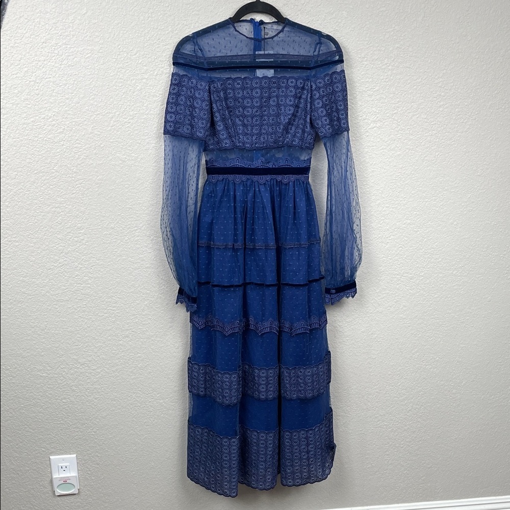 NWT Costarellos Blue Lace Panelled Maxi Dress Prairie Dot Tulle Sz 34 - Picture 3 of 15